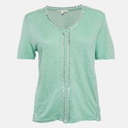 Maje Green Linen Knit Crochet Detail Top L