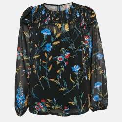 Maje Black Floral Print Crepe Smocked Top L