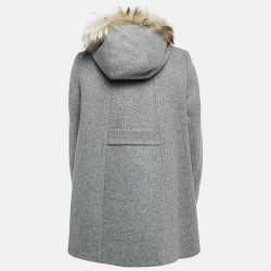Pre Owned Maje Grey Wool Buckle Detail Fur Hooded Coat M