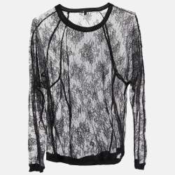 Pre Owned Maje Black Floral Lace Full Sleeve Top M