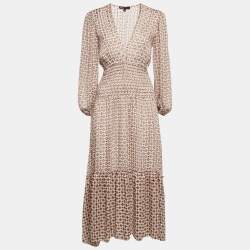 Maje Pink Printed Chiffon Shirring Detail Midi Dress S