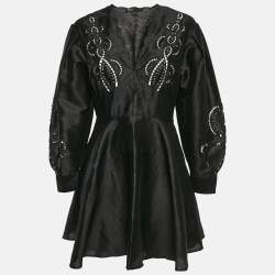 Maje Black Studded Linen Cut-Out Detail Mini Riclint Dress M