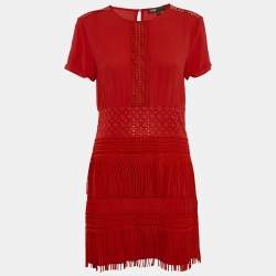Maje Red Crepe Lace Trim Detail Fringed Mini Dress M