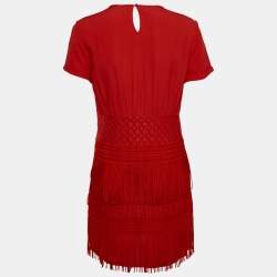 Maje Red Crepe Lace Trim Detail Fringed Mini Dress M