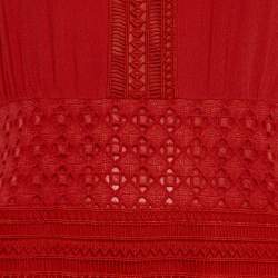 Maje Red Crepe Lace Trim Detail Fringed Mini Dress M