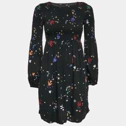 Maje Black Bird and Star Print Crepe Smocked Reskita Mini Dress XS