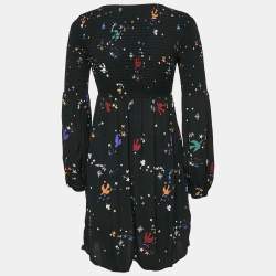 Maje Black Bird and Star Print Crepe Smocked Reskita Mini Dress XS
