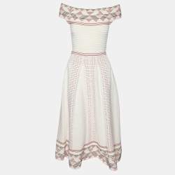 Pre Owned Maje White Striped Stretch Knit Midi Dress S