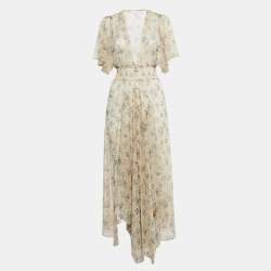 Maje Beige Floral Print Crepe V-Neck Asymmetric Maxi Dress M