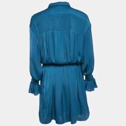 Pre Owned Maje Blue Silk Shirring Detail Belted Shirt Dress XL