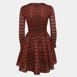 Pre Owned Maje Red Floral Embroidery Mesh Flared Mini Dress S