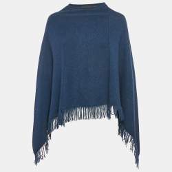 Maje Navy Blue Cashmere Fringed Poncho Top One Size