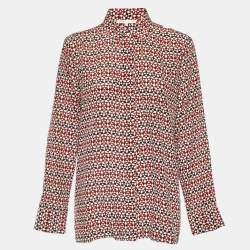 Maje Tricolor Geometric Print Silk Button Front Shirt L