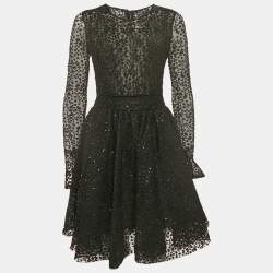 Pre Owned Maje Black Sequin Lace Round Neck Rapido Skater Dress S