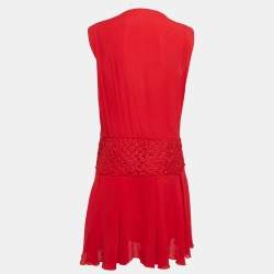 Maje Red Embroidered Tulle Trim Crepe Short Dress M