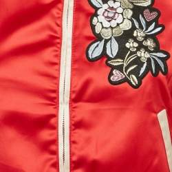 Maje Red Floral Applique Satin Bomber Jacket S