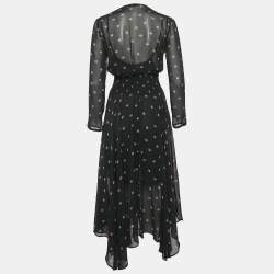 Pre Owned Maje Black Printed Chiffon Shirring Midi Dress S