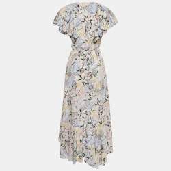 Pre Owned Maje Blue Floral Print Crepe Ruffled Mini Wrap Dress XS