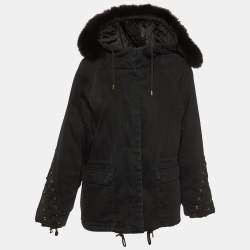 Maje Black Cotton Twill Fur Lined Hooded Jacket M