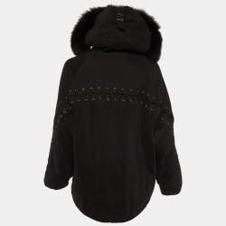 Maje Black Cotton Twill Fur Lined Hooded Jacket M