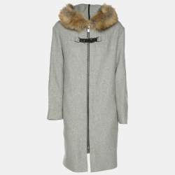 Maje Grey Wool Blend and Faux Fur Hood Coat S