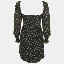 Pre Owned Maje Black Floral Print Crepe Smocking Detail Mini Dress M