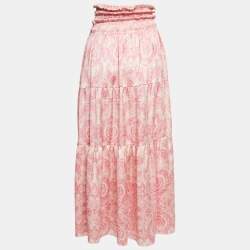Pre Owned Maje Pink Paisley Print Satin Silk Smocked Maxi Skirt S