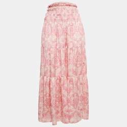 Maje Pink Paisley Print Satin Silk Smocked Maxi Skirt S