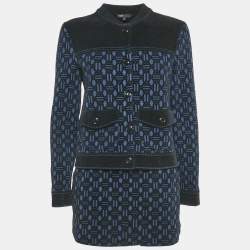 Maje Navy Blue Monogram Jacquard Jacket and Skirt Set M