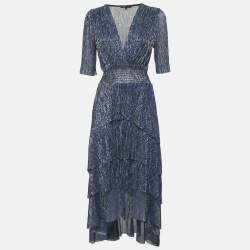 Maje Marine Blue Lurex Knit Ruffled Midi Dress M