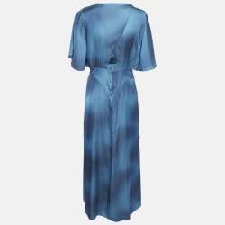 Pre Owned Maje Blue Ombre Satin Cut-Out Asymmetric Midi Dress L