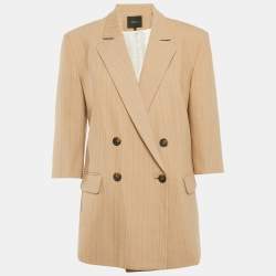 Maje Dark Beige Stripe Wool Blend Double Breasted Blazer M