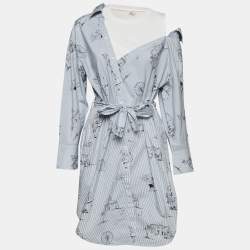 Maje Blue Striped Printed Cotton & Knit Off Shoulder Belted Shirt Dress M
