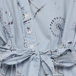 Maje Blue Striped Printed Cotton & Knit Off Shoulder Belted Shirt Dress M