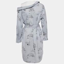 Maje Blue Striped Printed Cotton & Knit Off Shoulder Belted Shirt Dress M