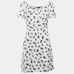Maje White Patterned Crepe Printed Smocked Mini Dress S