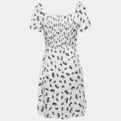 Maje White Patterned Crepe Printed Smocked Mini Dress S