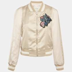 Maje Beige Cactus Applique Satin Bomber Jacket L