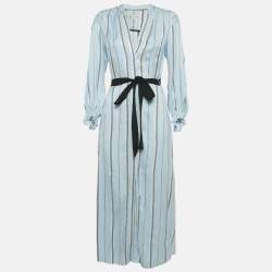 Pre Owned Maje Blue Stripe Crepe Button Front Belted Maxi Dress S