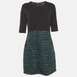 Maje Black/Green Tweed and Cotton Knit Mini Dress XL