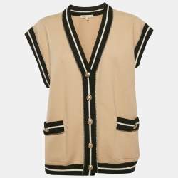 Maje Beige Knit Contrast Embellished Detail Sleeveless Oversized Cardigan S