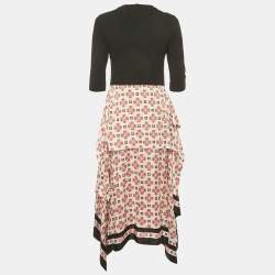 Pre Owned Maje Black Cotton Knit & Printed Silk Waist Tie Detail Midi Dress M