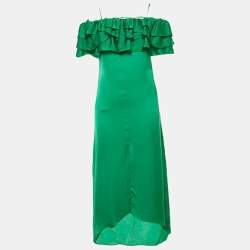 Pre Owned Maje Green Satin Ruffed Off-Shoulder Midi Dress S