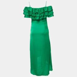 Pre Owned Maje Green Satin Ruffed Off-Shoulder Midi Dress S
