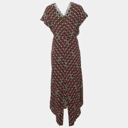 Pre Owned Maje Black Geometric Print Crepe Lace Trim Midi Dress M