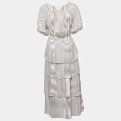 Pre Owned Maje Beige Striped Crepe Tiered Asymmetric Midi Dress M