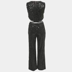 Pre Owned Maje Black Sequin Cut-Out Crop Top & Wide Leg Pants Set S 