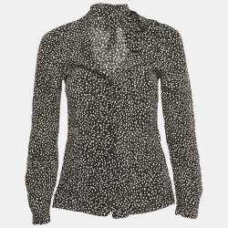 Pre Owned Maje Black Printed Crepe Neck Tie Detail Top S