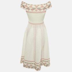 Pre Owned Maje Cream Patterned Knit Off Shoulder Remord Midi Dress S