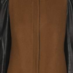 Pre Owned Maje Khaki/Black Wool Blend and Leather Zip Jacket S